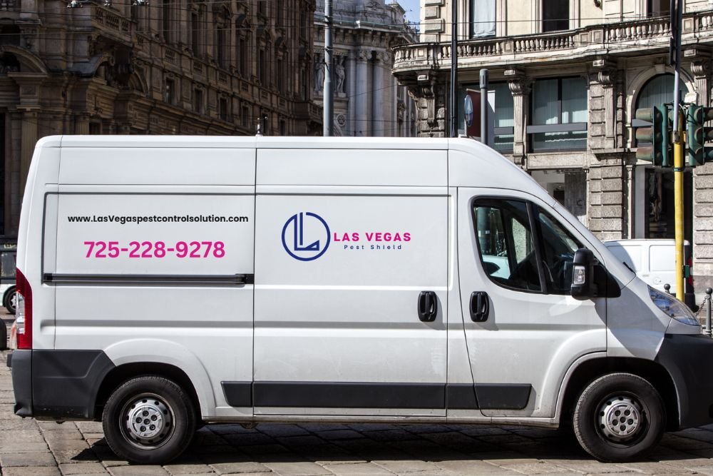 A white van is parked on the street, representing a pest control service operating in Las Vegas, NV.